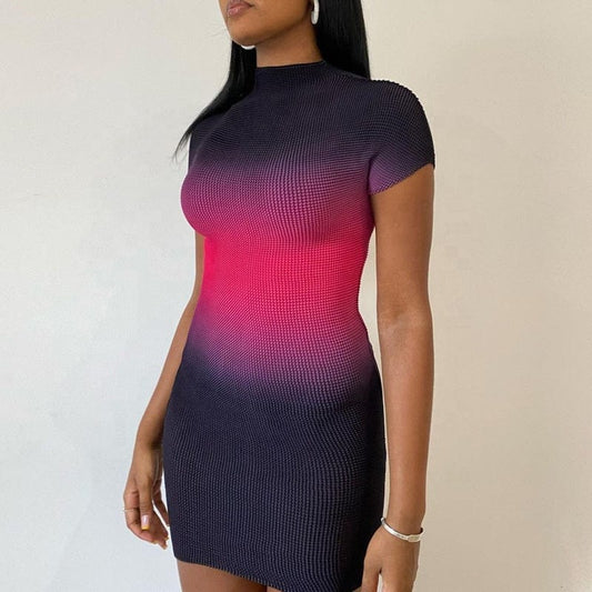 New trendy color block ladies short sleeve mini tight dress O neck women sexy slim bodycon dress