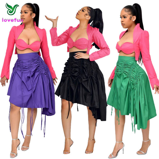 New Trendy Solid Color Ruffled Drawstring Midi Skirt Summer Women Mid-Waist Irregularity Casual Skirt