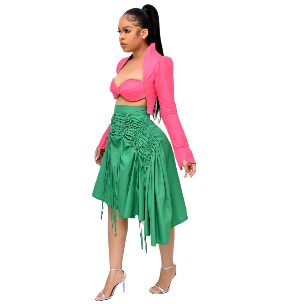 New Trendy Solid Color Ruffled Drawstring Midi Skirt Summer Women Mid-Waist Irregularity Casual Skirt