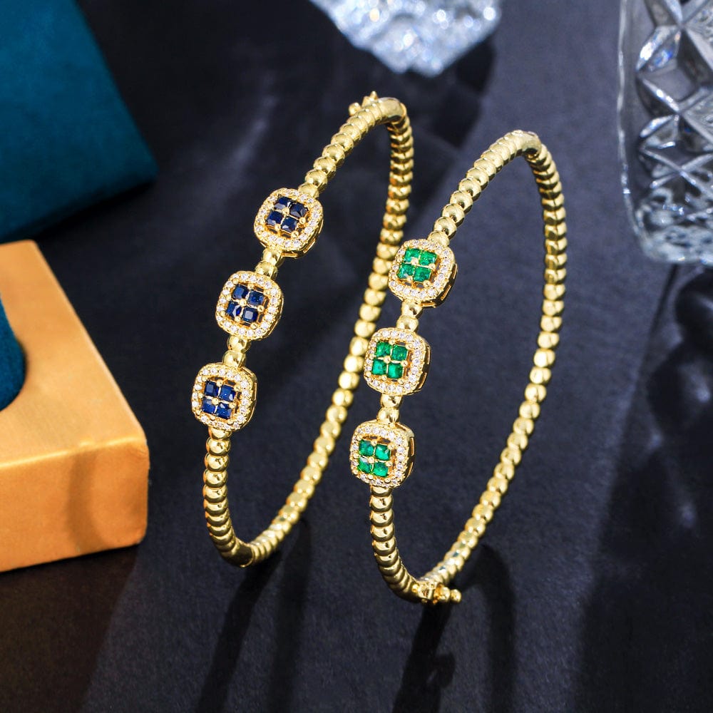 New Trendy Square Green Blue Cubic Zirconia Stone Dubai Gold Plated Safety Clasp Round Bangles for Women Party Gifts