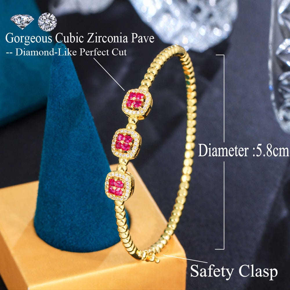 New Trendy Square Green Blue Cubic Zirconia Stone Dubai Gold Plated Safety Clasp Round Bangles for Women Party Gifts