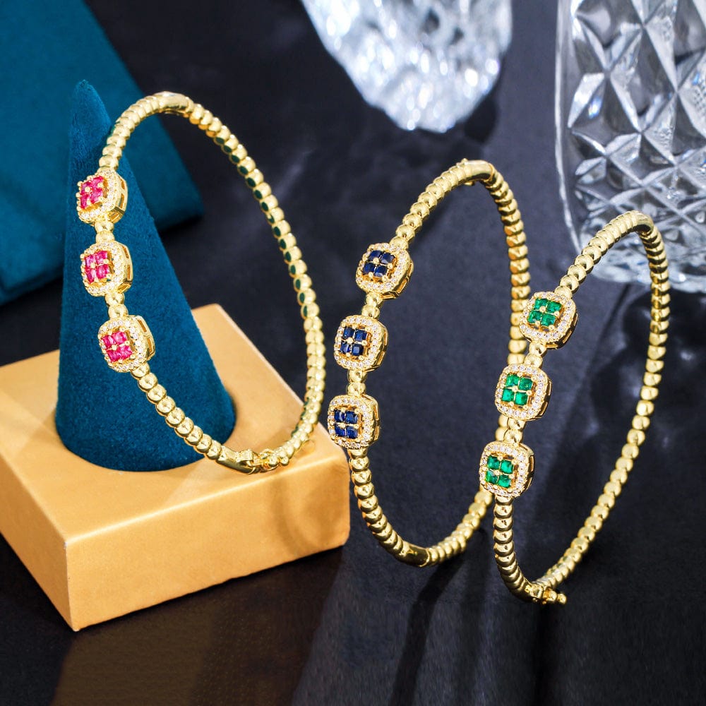 New Trendy Square Green Blue Cubic Zirconia Stone Dubai Gold Plated Safety Clasp Round Bangles for Women Party Gifts