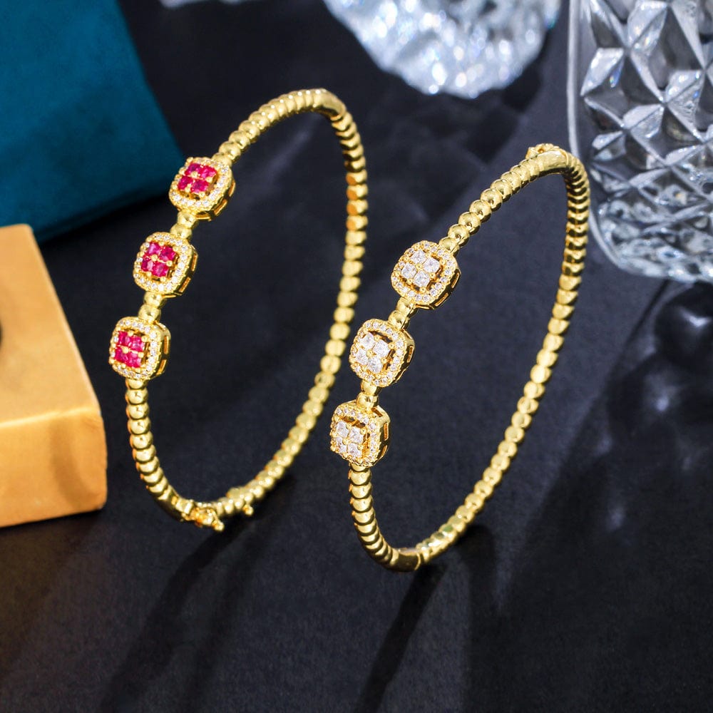 New Trendy Square Green Blue Cubic Zirconia Stone Dubai Gold Plated Safety Clasp Round Bangles for Women Party Gifts