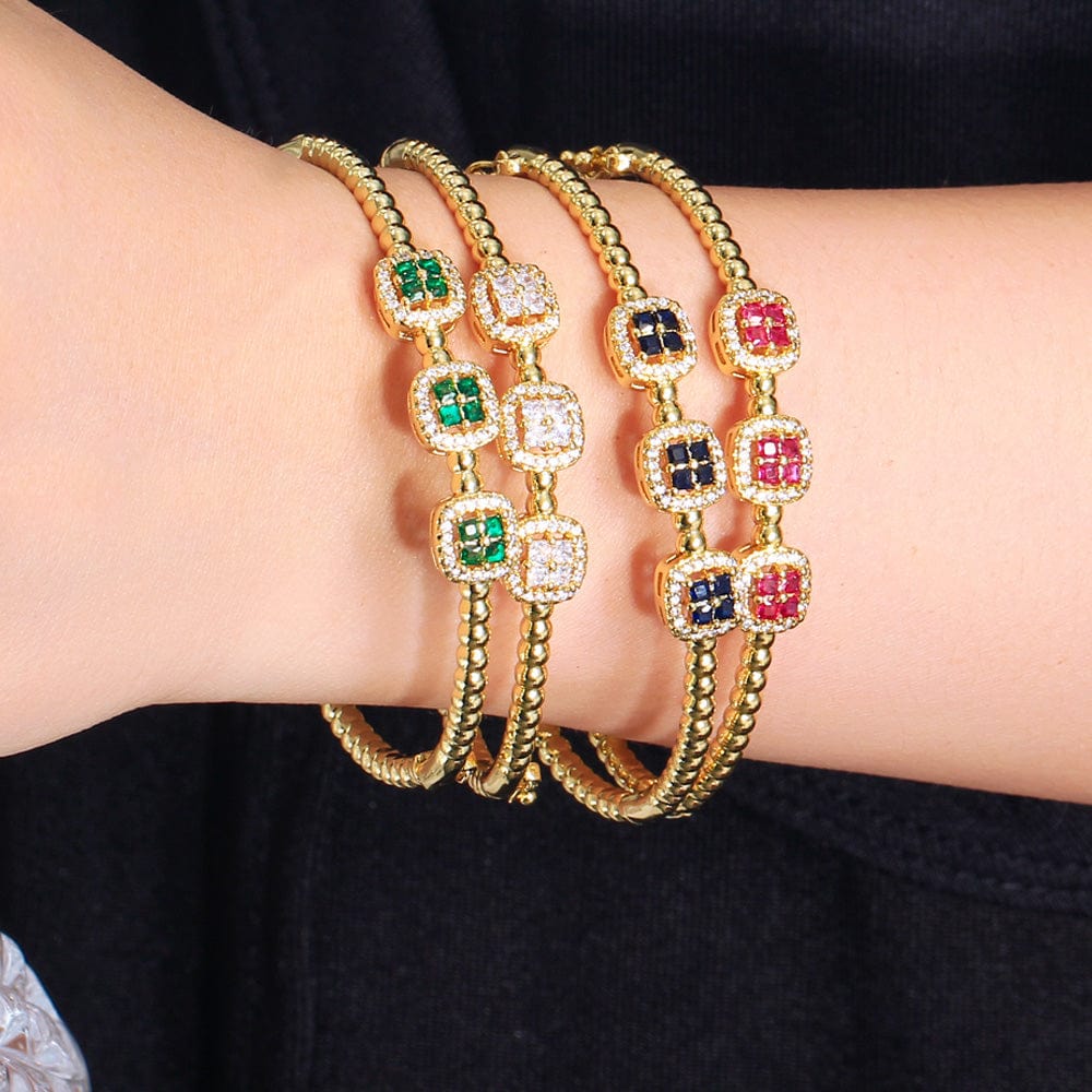 New Trendy Square Green Blue Cubic Zirconia Stone Dubai Gold Plated Safety Clasp Round Bangles for Women Party Gifts