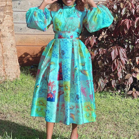 New Trendy Summer Dress High Waist O Neck A-line African Print Women Casual Dresses