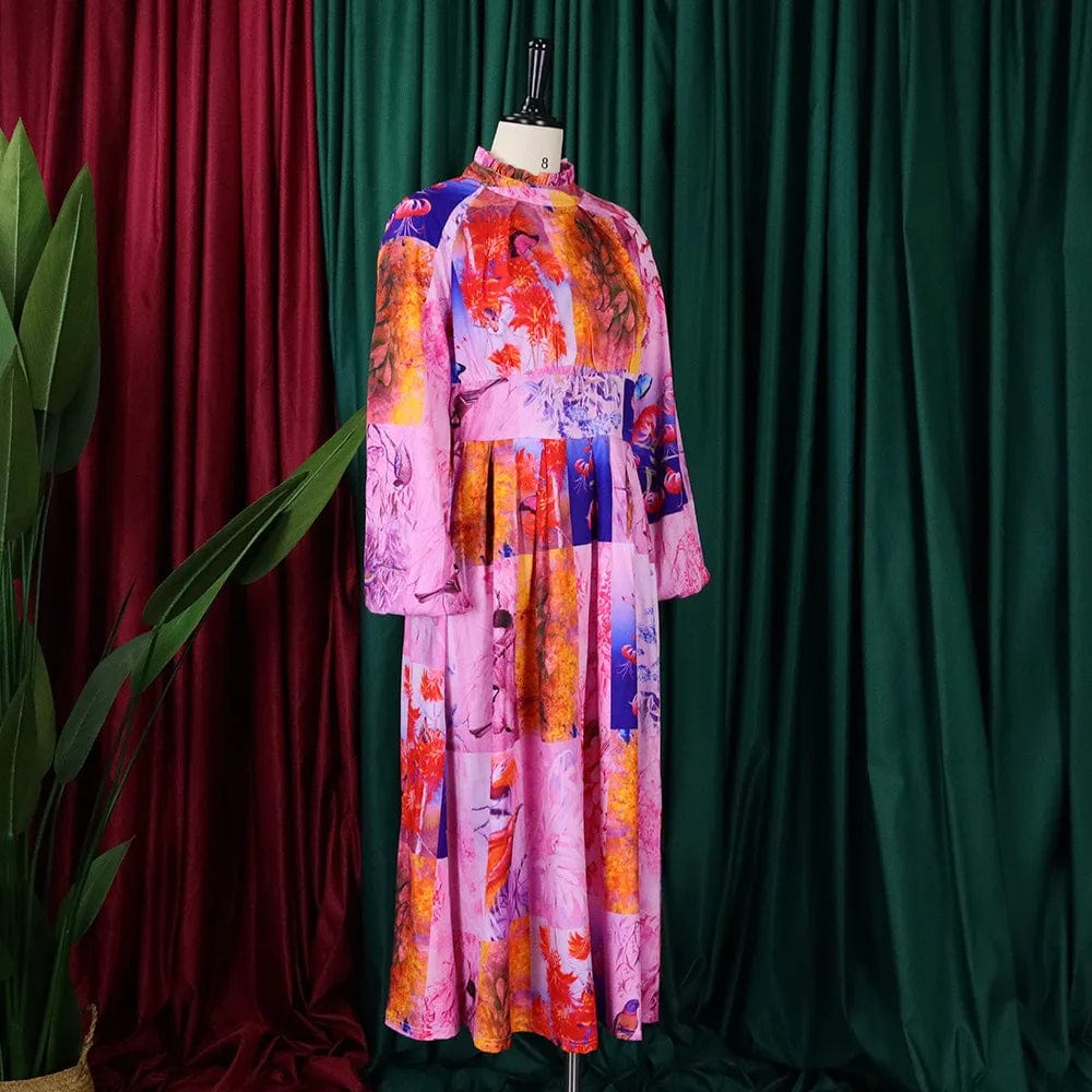 New Trendy Summer Dress High Waist O Neck A-line African Print Women Casual Dresses