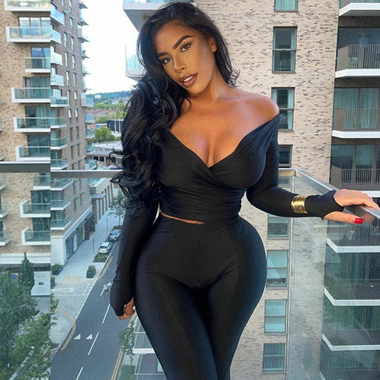 New two piece ladies sets stylish casual women V neck long sleeve top slim show slim trouser set women's clothing