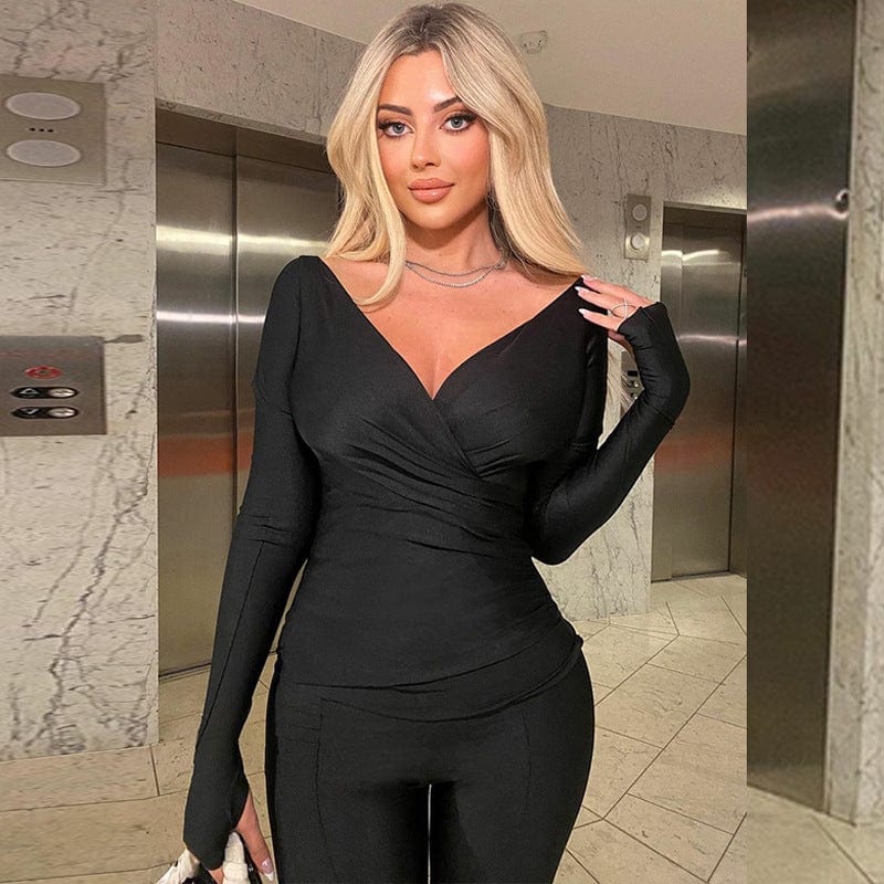 New two piece ladies sets stylish casual women V neck long sleeve top slim show slim trouser set women's clothing