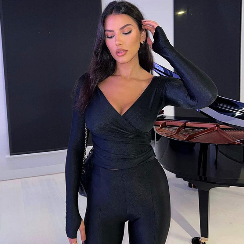 New two piece ladies sets stylish casual women V neck long sleeve top slim show slim trouser set women's clothing