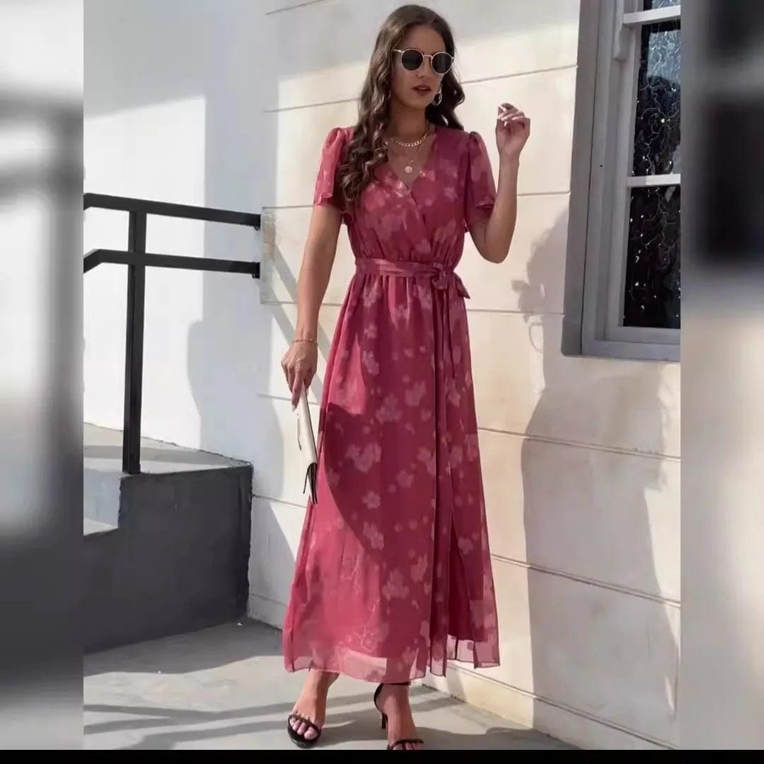 New V-neck High Waist Lacing Jacquard Slit Solid Color Short Sleeve Spring Summer Casual Daily  Women Long Dress