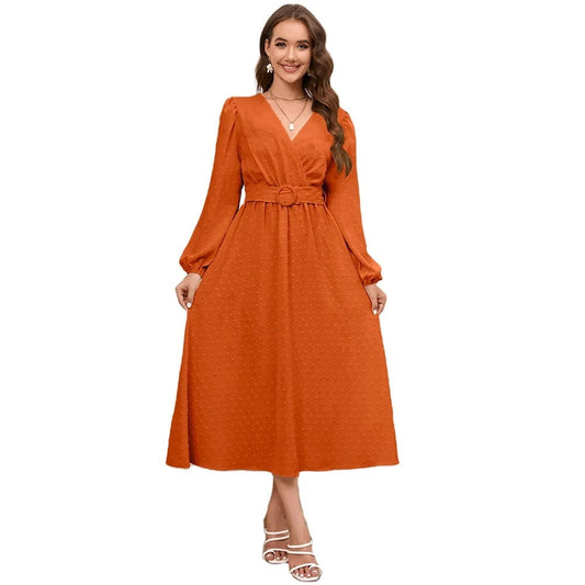 New V-neck Long Sleeve Printed Solid Color Waist Loose Spring  Autumn Daily Commute Casual  Women Lady Long Dress