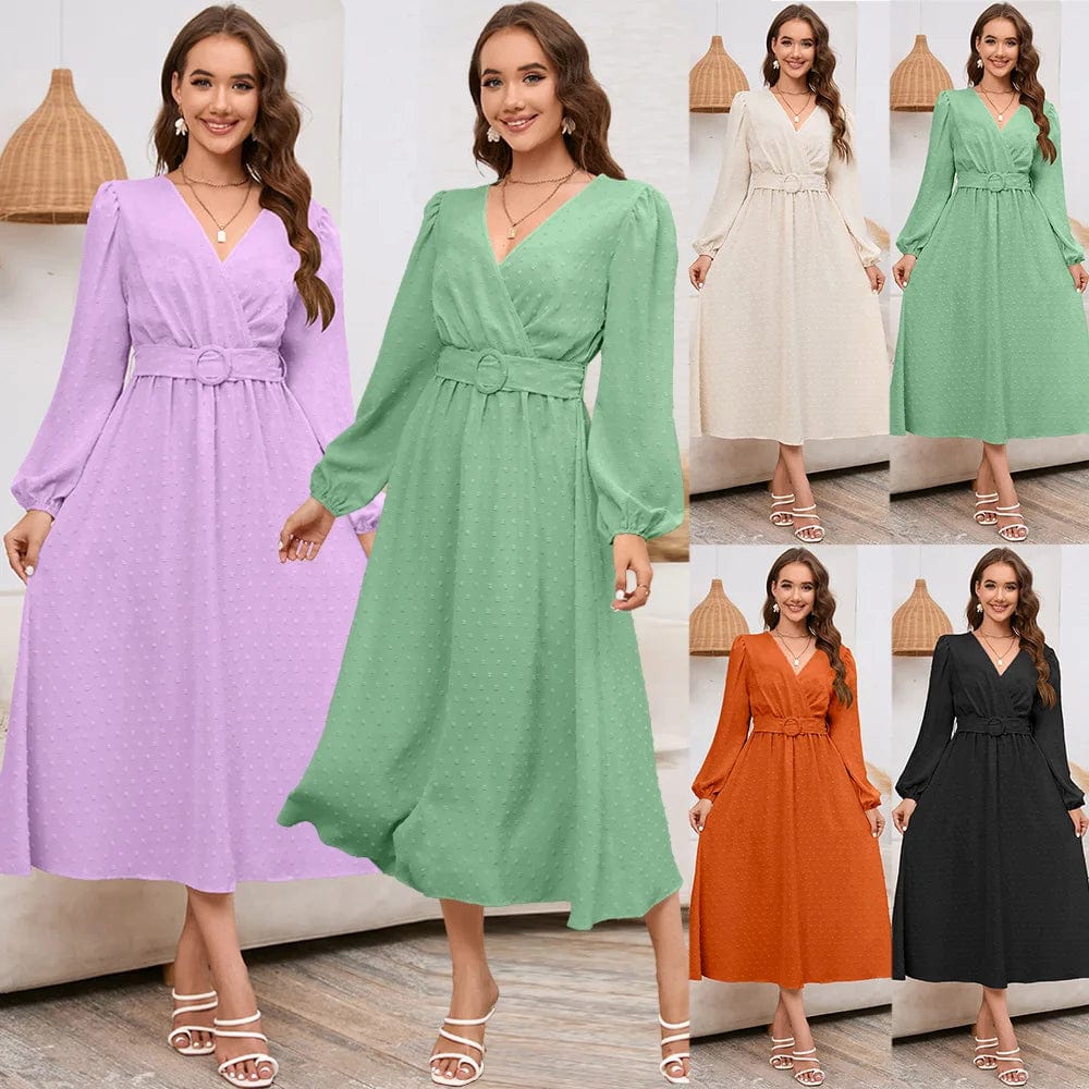 New V-neck Long Sleeve Printed Solid Color Waist Loose Spring  Autumn Daily Commute Casual  Women Lady Long Dress
