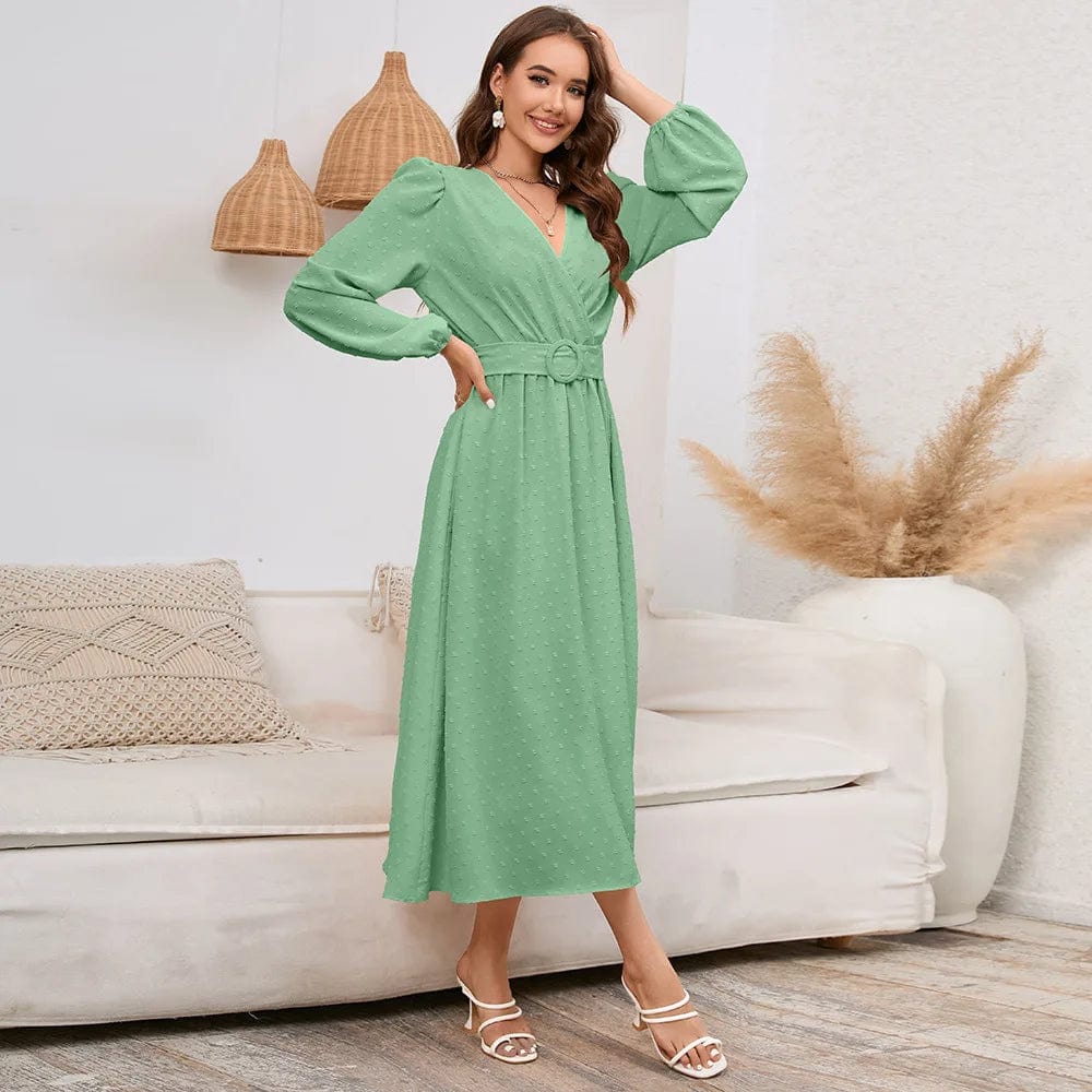 New V-neck Long Sleeve Printed Solid Color Waist Loose Spring  Autumn Daily Commute Casual  Women Lady Long Dress