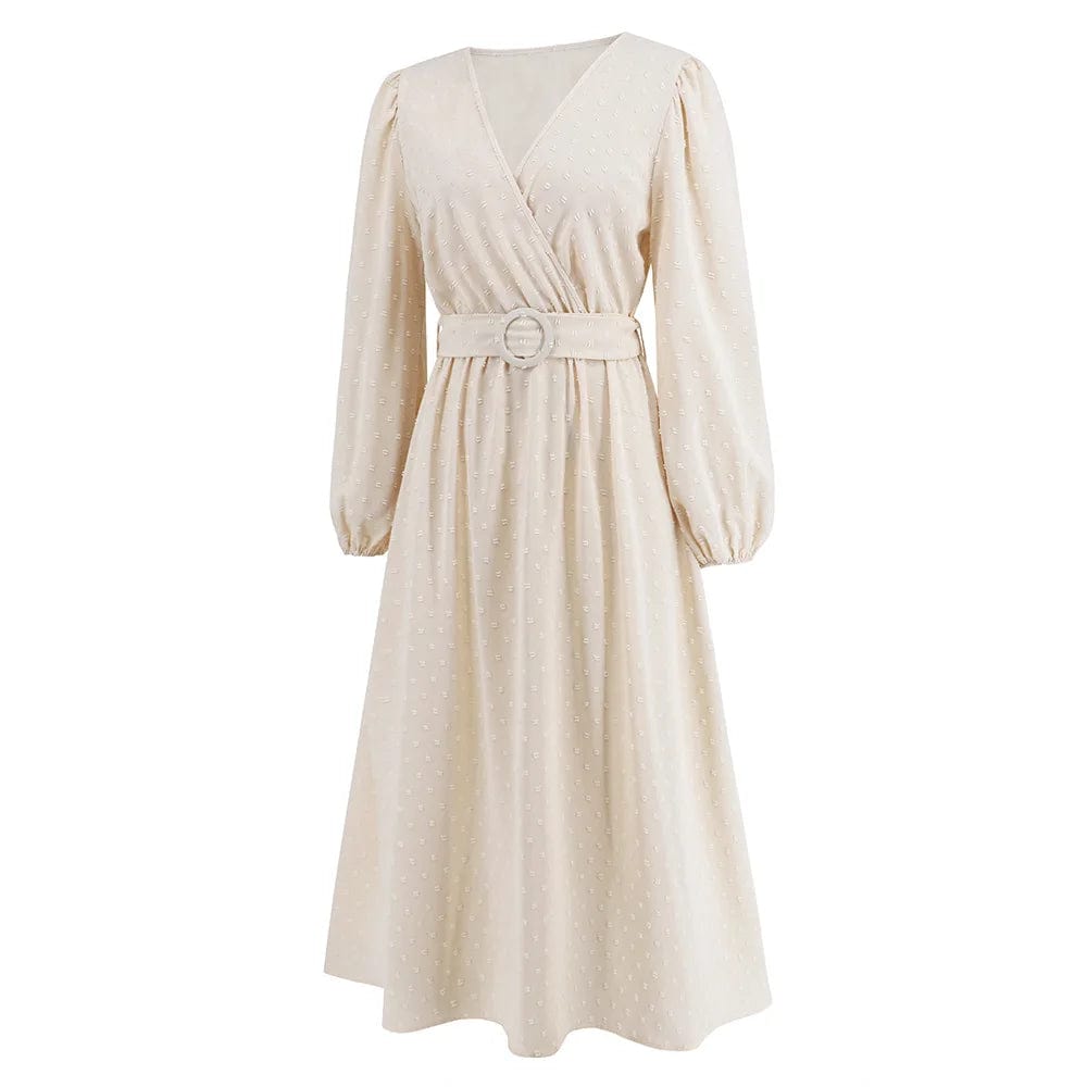 New V-neck Long Sleeve Printed Solid Color Waist Loose Spring  Autumn Daily Commute Casual  Women Lady Long Dress