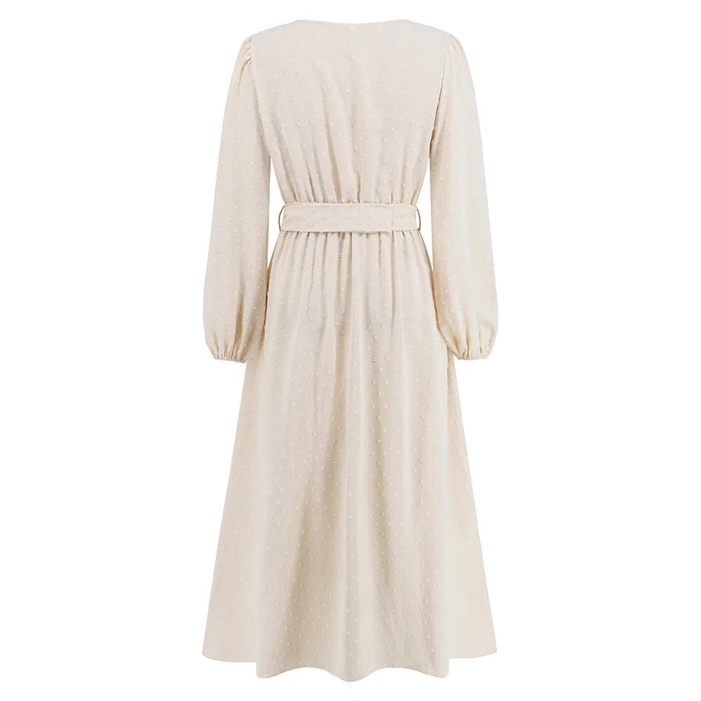 New V-neck Long Sleeve Printed Solid Color Waist Loose Spring  Autumn Daily Commute Casual  Women Lady Long Dress