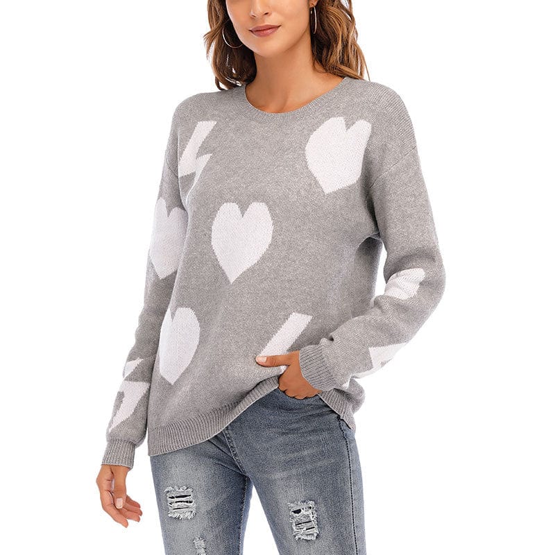 New Valentine's Day Sweater Women's Loose Pullover Long Sleeve Love + Lightning Round Neck