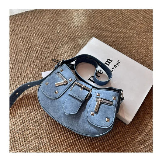 New Vintage Jeans Denim Rivets Half Moon Bag Luxury Brandy Women's Cowboy Shoulder Underarm Bag Y2K Cool Girls Crescent Handbag