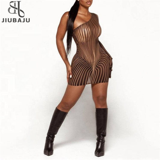 New Vintage Striped Print Mini Dress Women Sexy See Through Inclined Shoulder Skinny Street Style Dress