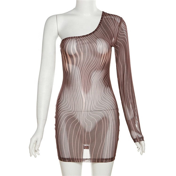 New Vintage Striped Print Mini Dress Women Sexy See Through Inclined Shoulder Skinny Street Style Dress