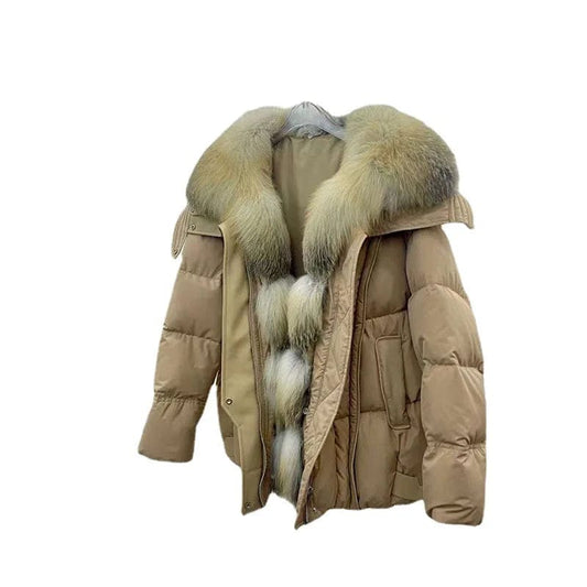 New White Goose Down Jacket Female Fox Fur Collar Fur Down Jacket Coat Female