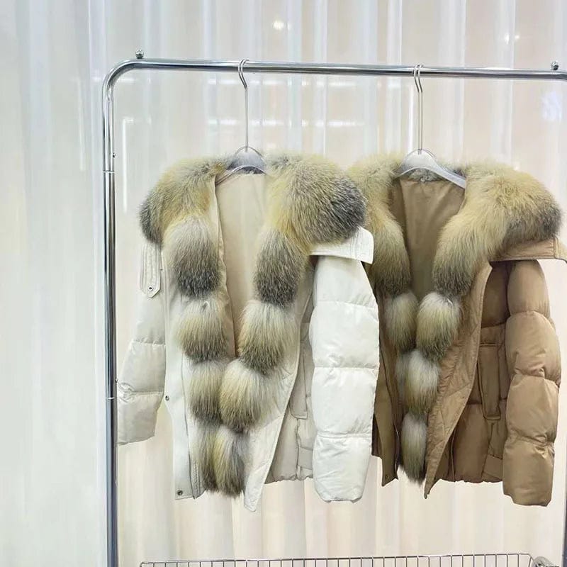 New White Goose Down Jacket Female Fox Fur Collar Fur Down Jacket Coat Female