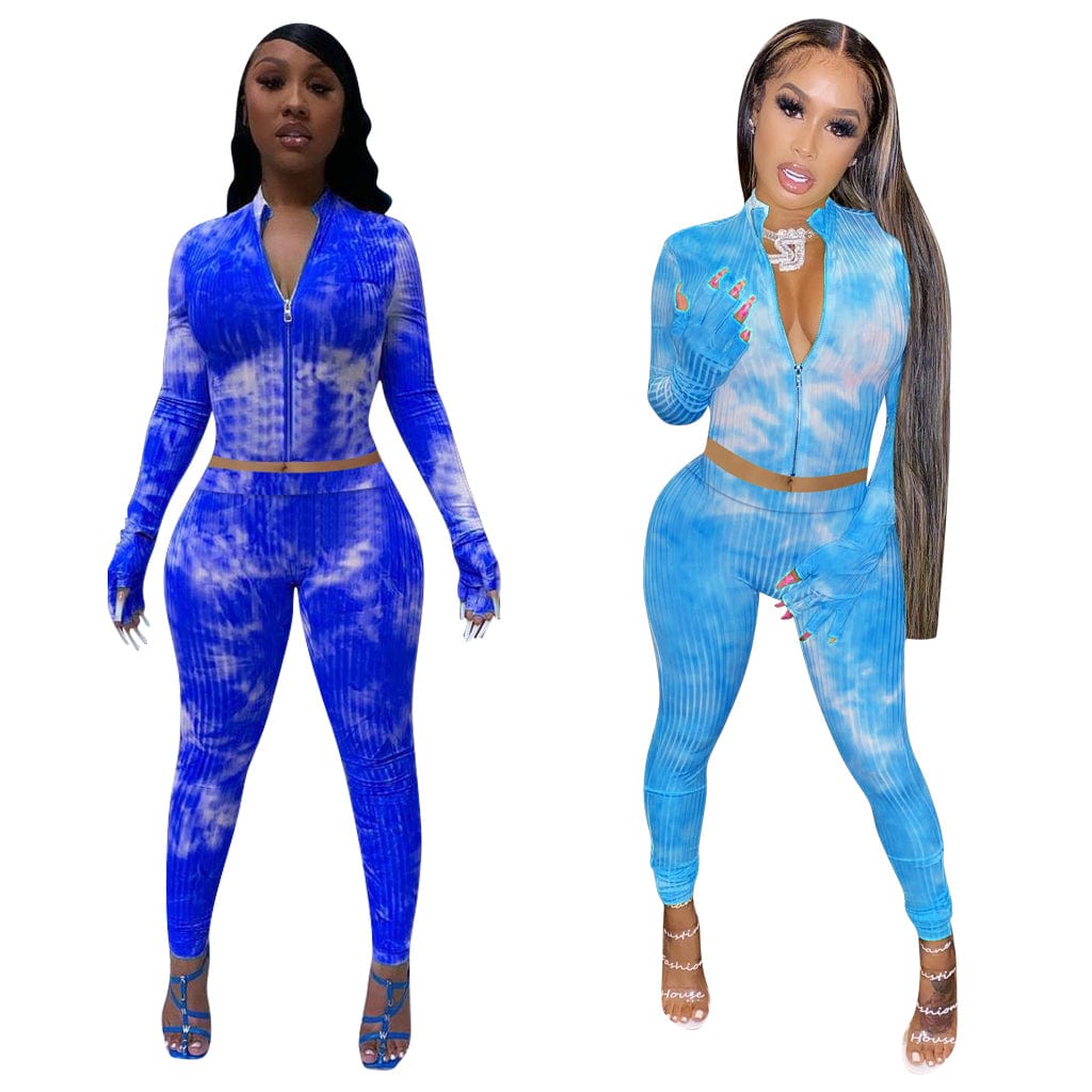 New Women Clothing Ins Style Womens Pit Ribbed Tie-dye Printed Casual Long Sleeve Zipper Bodycon 2 Pieces with Gloves