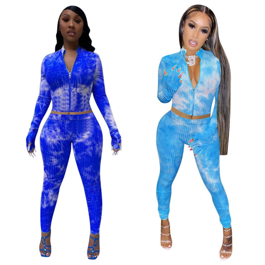 New Women Clothing Ins Style Womens Pit Ribbed Tie-dye Printed Casual Long Sleeve Zipper Bodycon 2 Pieces with Gloves