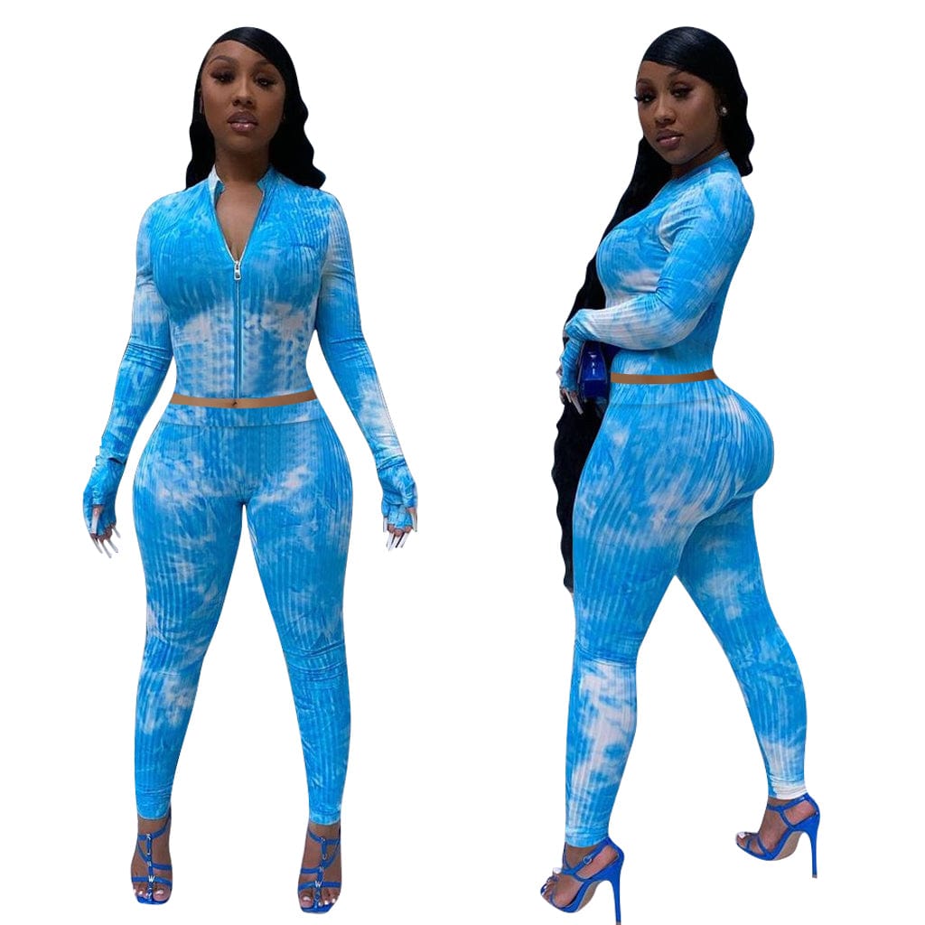 New Women Clothing Ins Style Womens Pit Ribbed Tie-dye Printed Casual Long Sleeve Zipper Bodycon 2 Pieces with Gloves