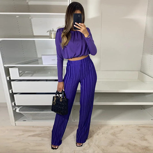 New Women Fashion Solid Color Pleated Suit Sexy Long Sleeve Crop Top Casual