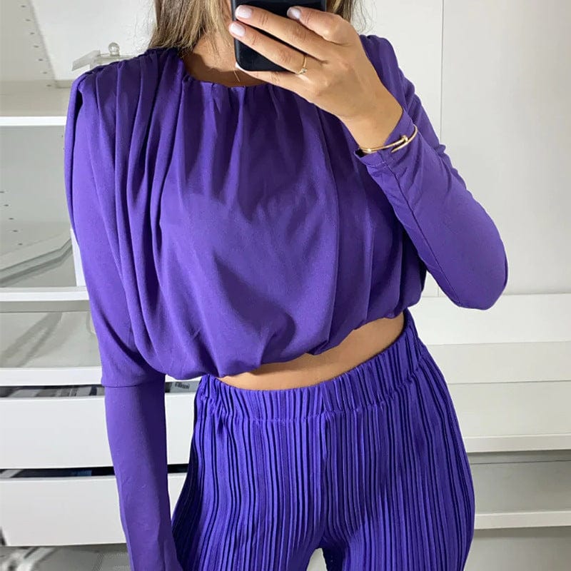 New Women Fashion Solid Color Pleated Suit Sexy Long Sleeve Crop Top Casual