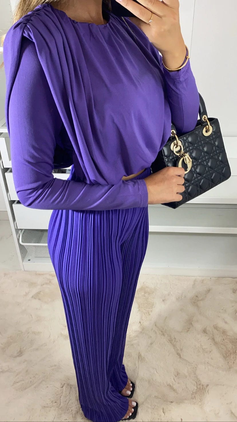 New Women Fashion Solid Color Pleated Suit Sexy Long Sleeve Crop Top Casual