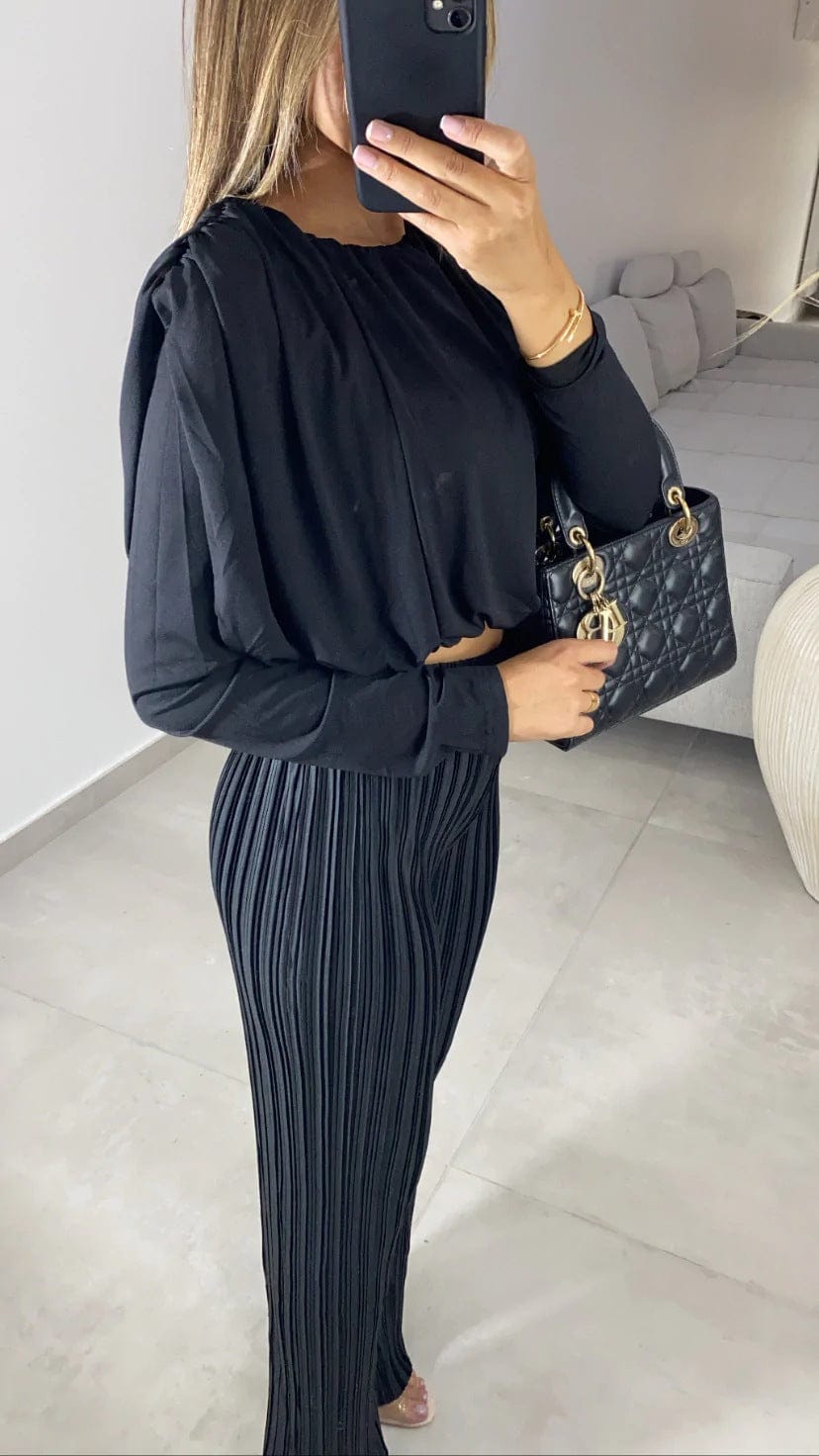 New Women Fashion Solid Color Pleated Suit Sexy Long Sleeve Crop Top Casual