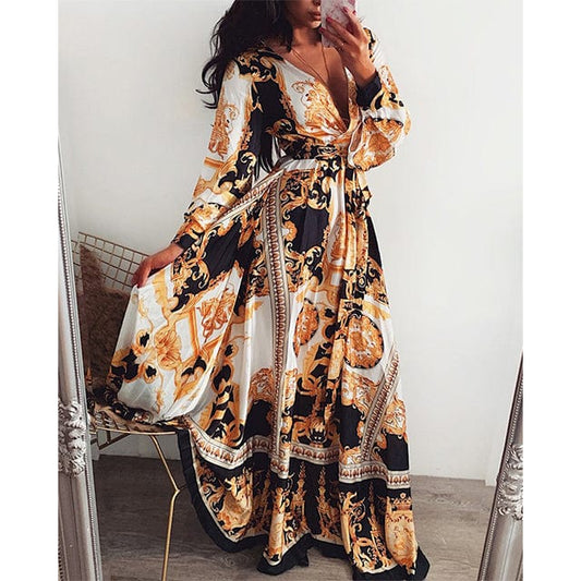 New Women Floral Print Spring Boho Dresses Long Sleeve V Neck Long Dress Party Beach Holiday Club Dresses Sundress