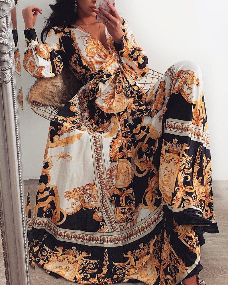 New Women Floral Print Spring Boho Dresses Long Sleeve V Neck Long Dress Party Beach Holiday Club Dresses Sundress