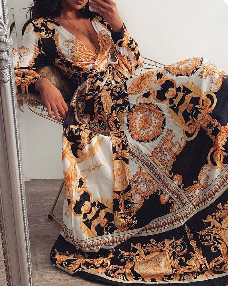 New Women Floral Print Spring Boho Dresses Long Sleeve V Neck Long Dress Party Beach Holiday Club Dresses Sundress