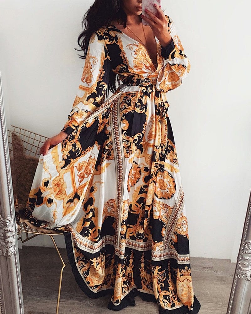 New Women Floral Print Spring Boho Dresses Long Sleeve V Neck Long Dress Party Beach Holiday Club Dresses Sundress