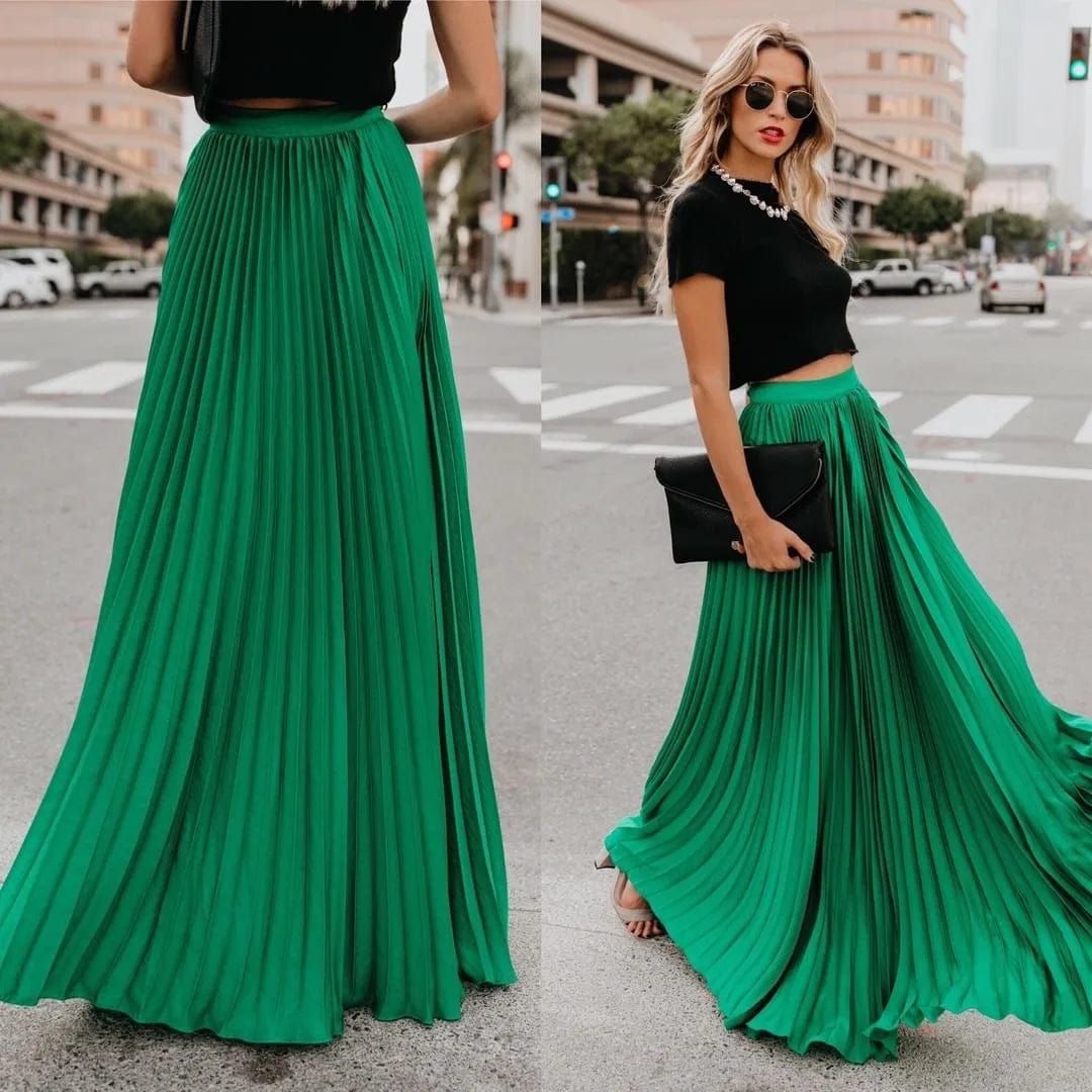 New Women High Waist Pleated Elastic Solid Color Long Skirts Elegant Ladies Fashion Long Maxi Skirt