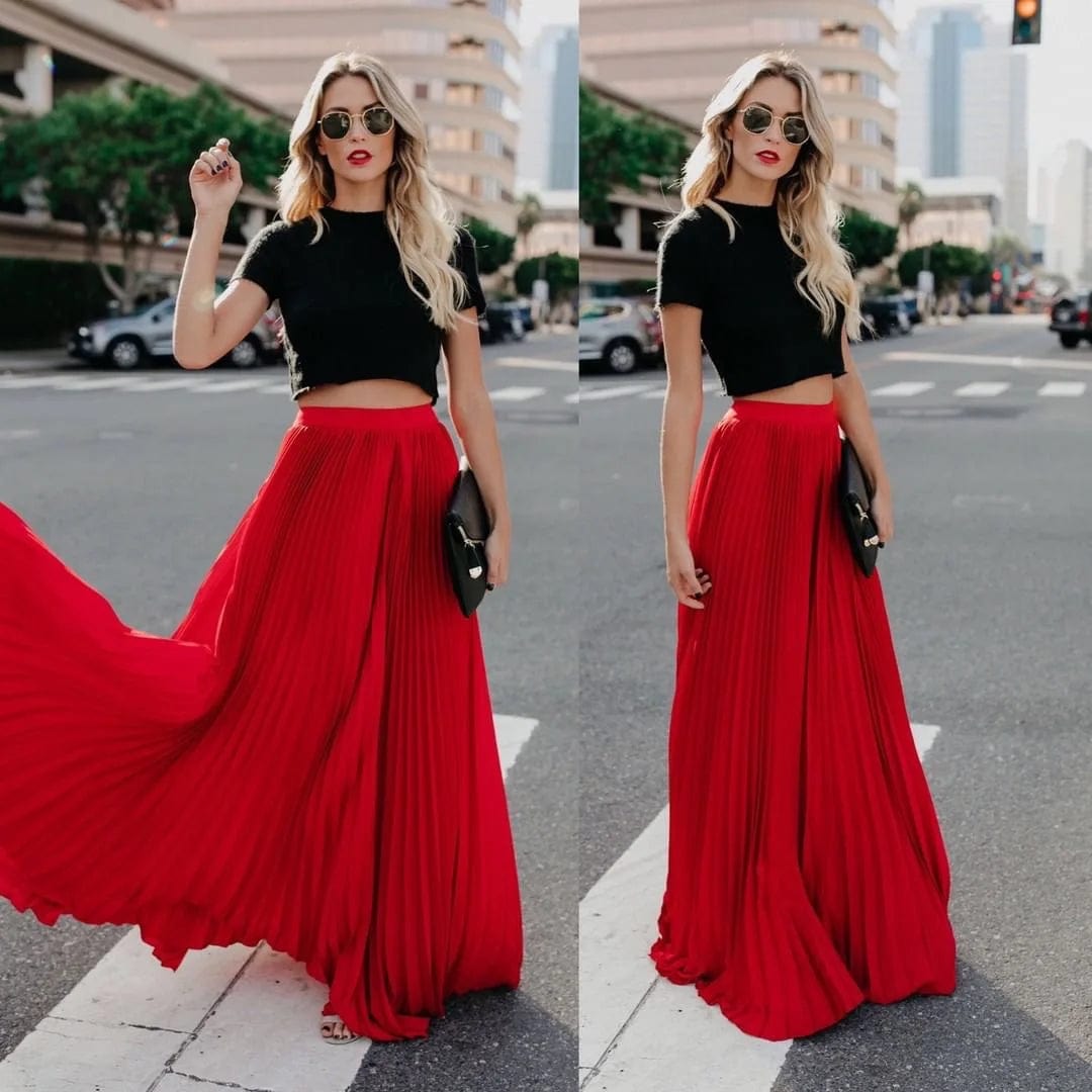 New Women High Waist Pleated Elastic Solid Color Long Skirts Elegant Ladies Fashion Long Maxi Skirt
