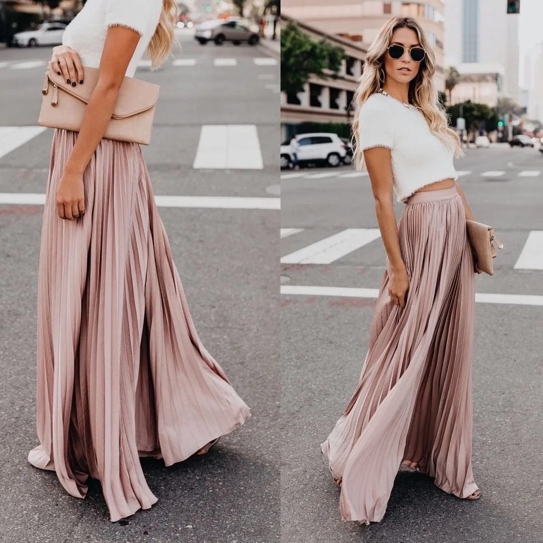 New Women High Waist Pleated Elastic Solid Color Long Skirts Elegant Ladies Fashion Long Maxi Skirt