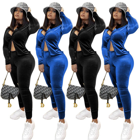 New Women Outfits 2023 Velvet Sweatsuit Set Long Sleeve Pants Suit Solid Color Fashion Casual Womens Tracksuit 2 Two Piece Sets
