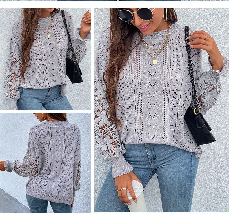 New women's autumn and winter lace stitching knitwear product hollowed out pullover knitted women sweater