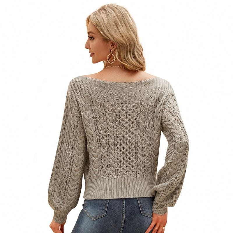 New Women's Blouse Pure Color All-Matching Twisted Knitted Sweater Sexy Slim-Fit Off-Neck