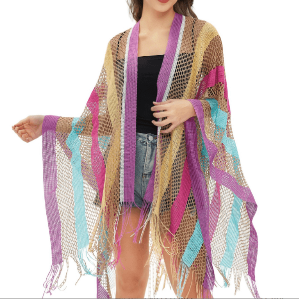 New Women's Cloak Tourism Ethnic Style Rainbow Stripes Summer Sunscreen Thin Hollow Shawl