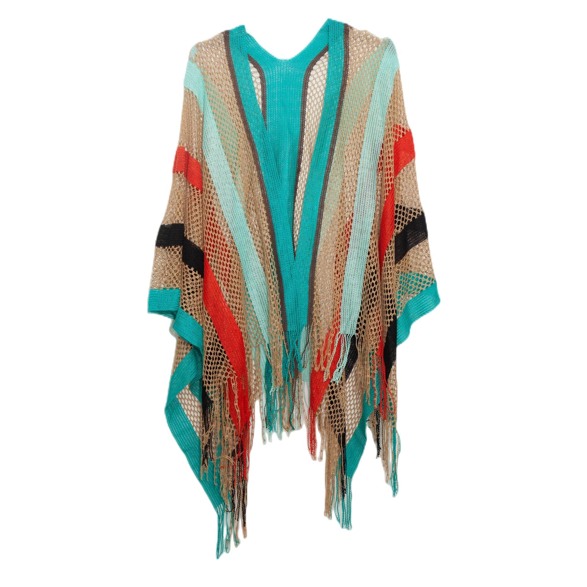 New Women's Cloak Tourism Ethnic Style Rainbow Stripes Summer Sunscreen Thin Hollow Shawl