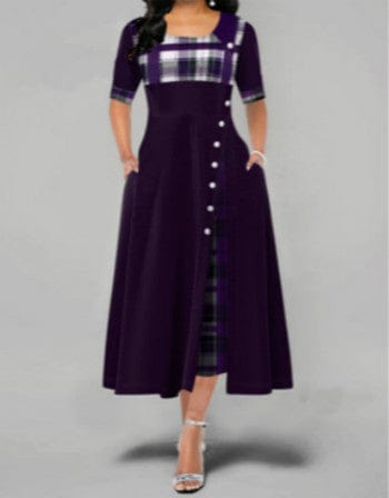 New women's contrast color mid-sleeve irregular dresses long dress plaid printing women's dress for boutique