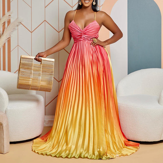 New Women's Dress Summer Gradual Color V-Neck Strap Long Dress Sexy Big Swing Prom Evening Dress