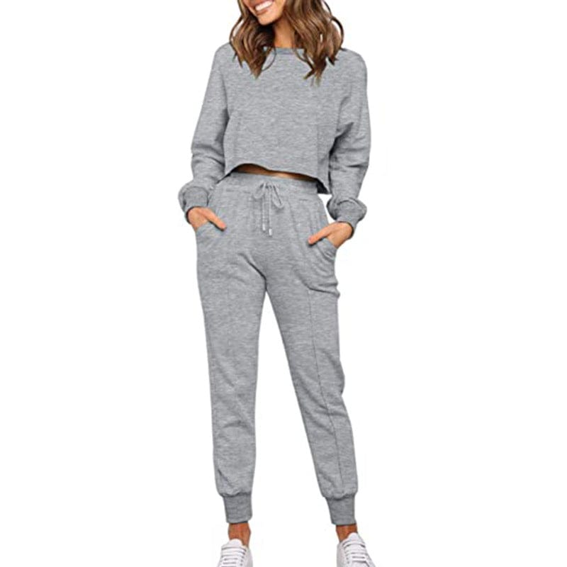 New Women's Fashion Solid Color Long-Sleeved Casual Sweatpants Two-Piece Sets
