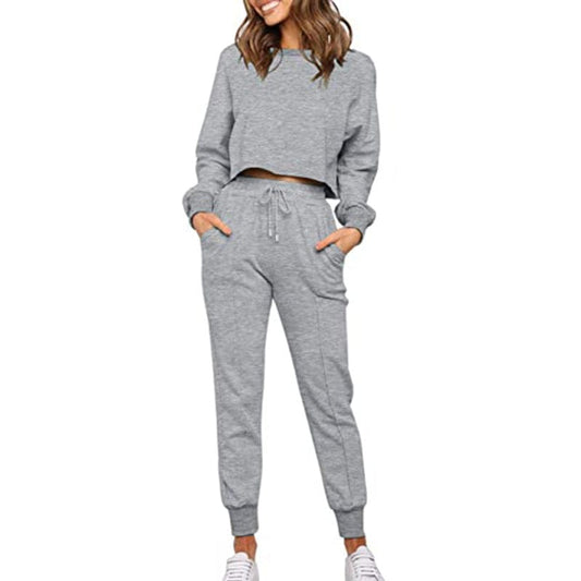 New Women's Fashion Solid Color Long-Sleeved Casual Sweatpants Two-Piece Sets