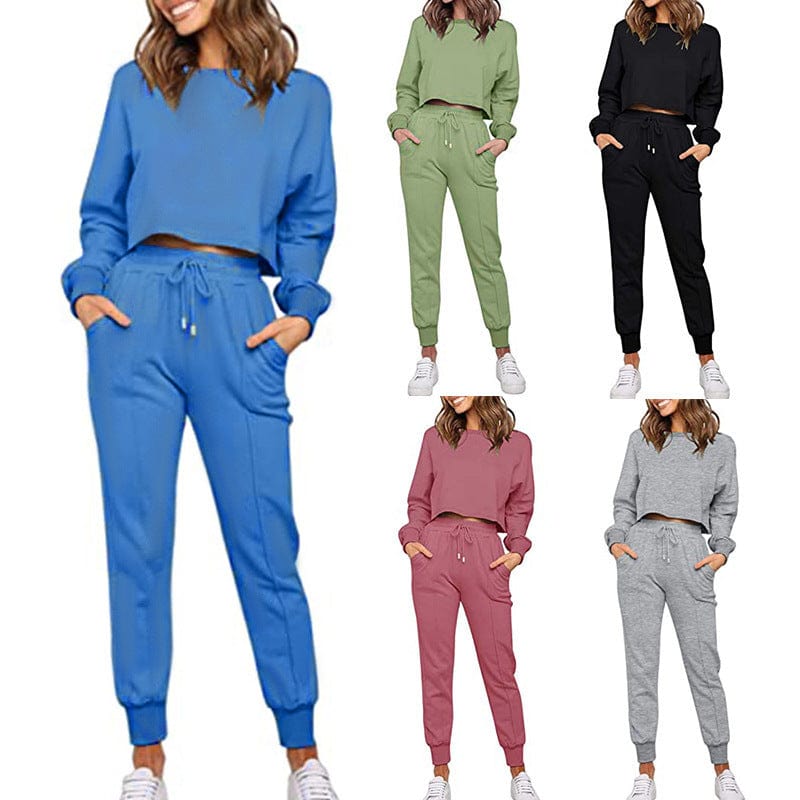 New Women's Fashion Solid Color Long-Sleeved Casual Sweatpants Two-Piece Sets