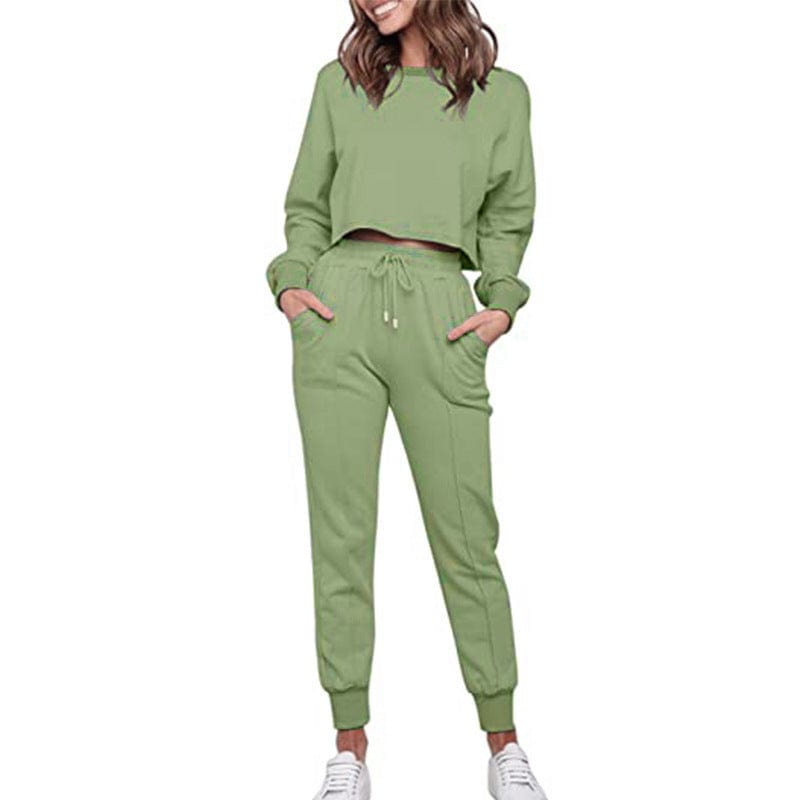 New Women's Fashion Solid Color Long-Sleeved Casual Sweatpants Two-Piece Sets